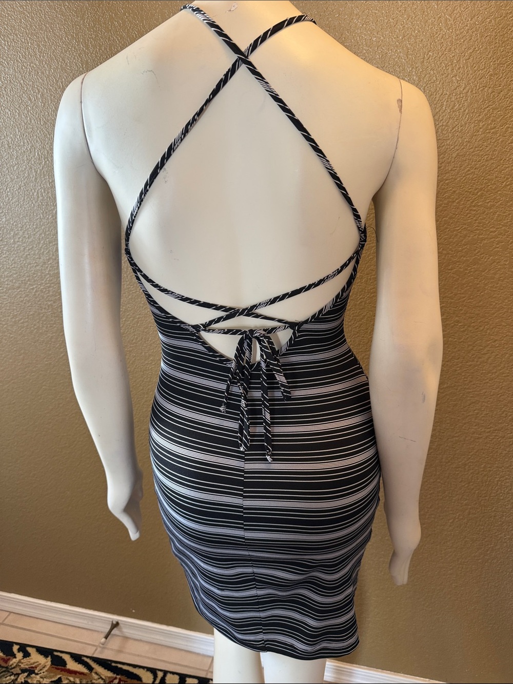 1990s vintage XOXO Black and White Striped Crisscross Back body con Dress